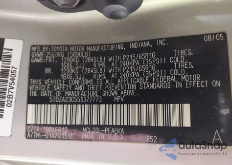 2005 Toyota Sienna Le from USA, damaged, VIN 5TDZA23C55S377773